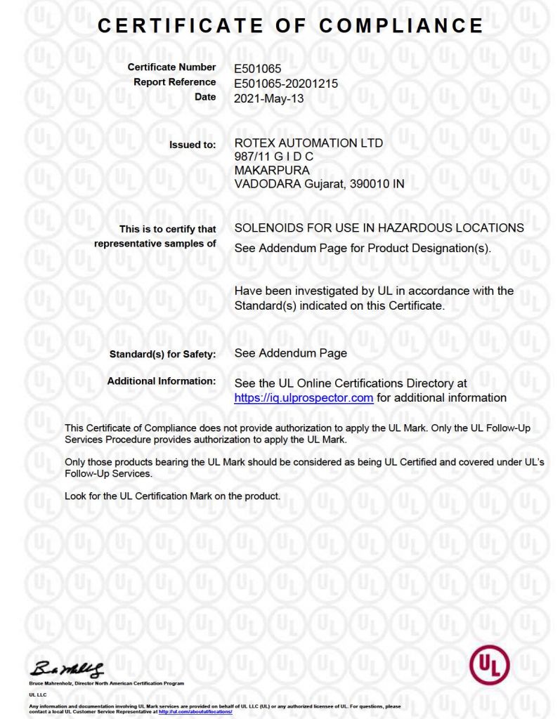 ROTEX SOLENOID VALVES ACQUIRE UL/CSA CERTIFICATION